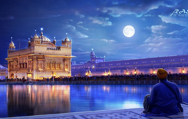 sfondo del tempio d'oro hd 1366x768,blu,cielo,leggero,notte,riflessione