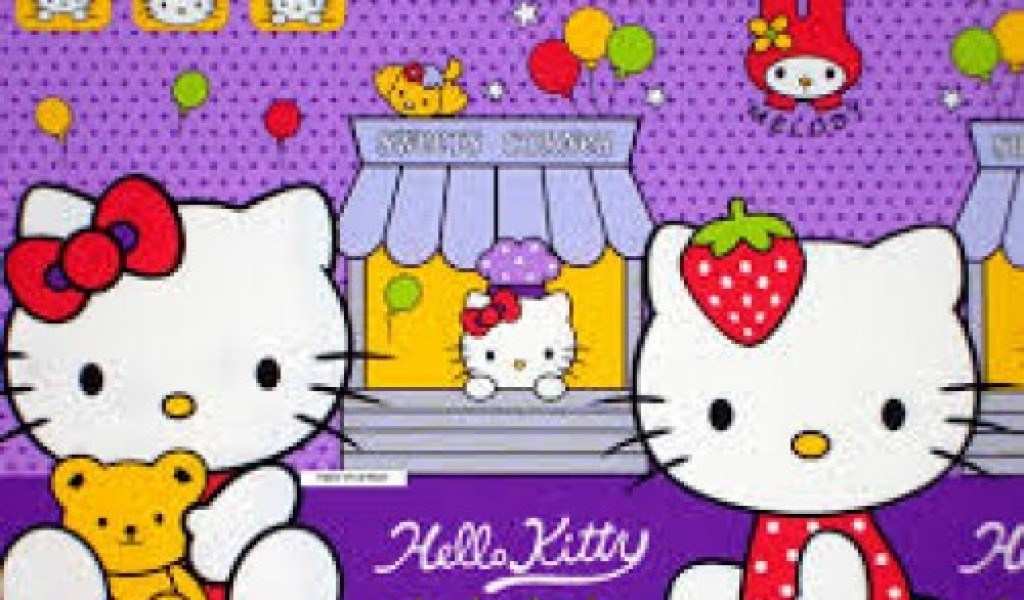 gambar hello kitty untuk fondo de pantalla,dibujos animados,púrpura,texto,rosado,línea