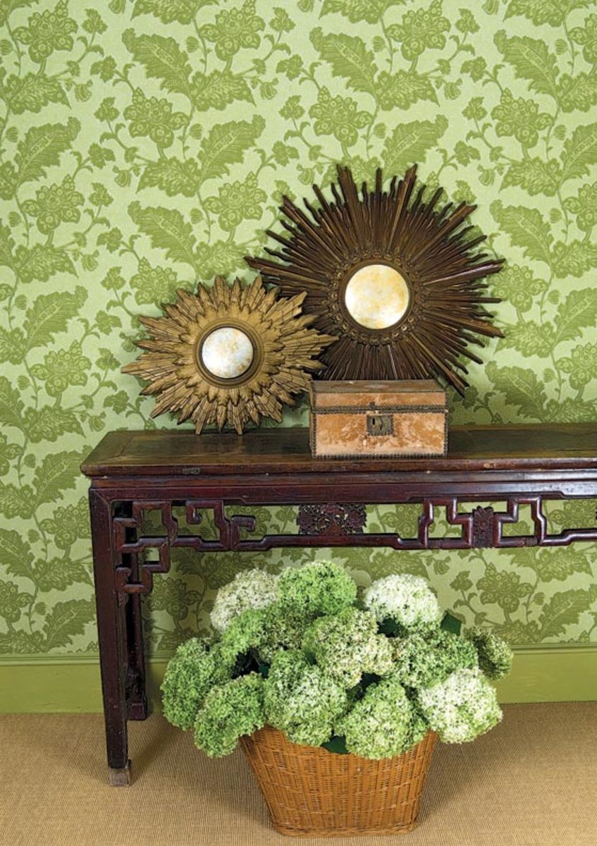 historic reproduction wallpaper,green,wall,shelf,flowerpot,furniture