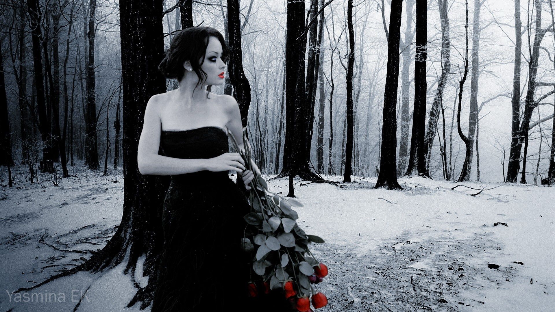 gothic wallpaper hd,red,dress,tree,beauty,black and white