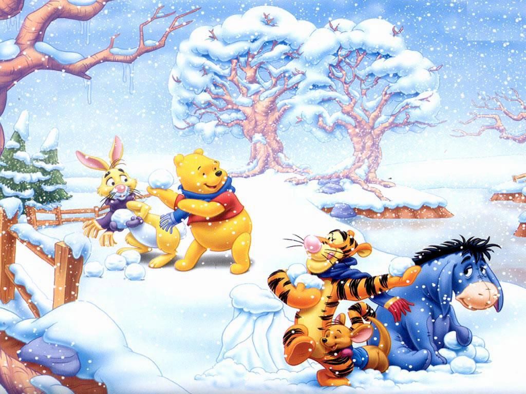winnie pooh wallpaper,animated cartoon,cartoon,playing in the snow,christmas eve,winter