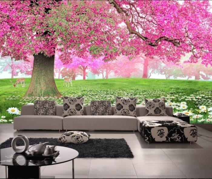 wallpaper dinding pemandangan,pink,natural landscape,tree,cherry blossom,flower