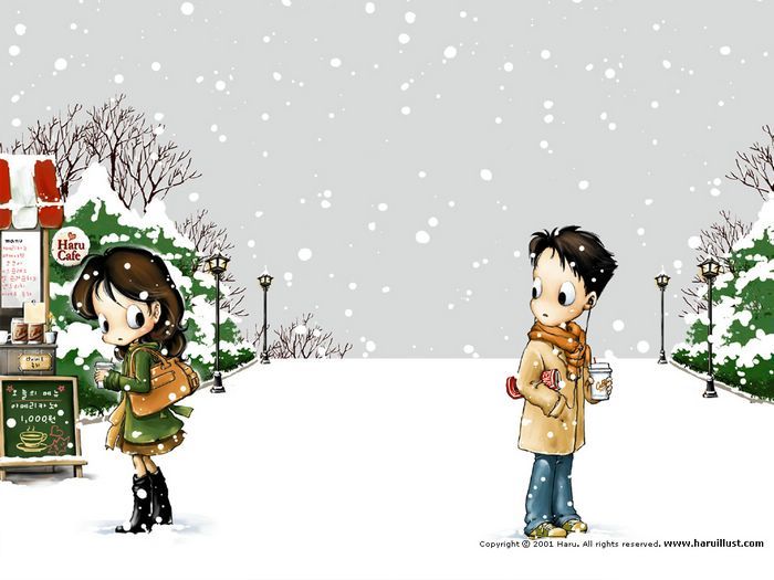 carta da parati dell'artista coreana,cartone animato,illustrazione,neve,inverno,albero