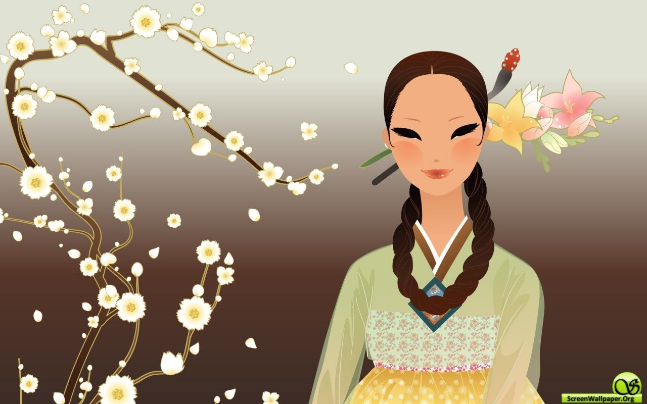 disegno coreano della carta da parati,illustrazione,primavera,contento,capelli neri,gesto