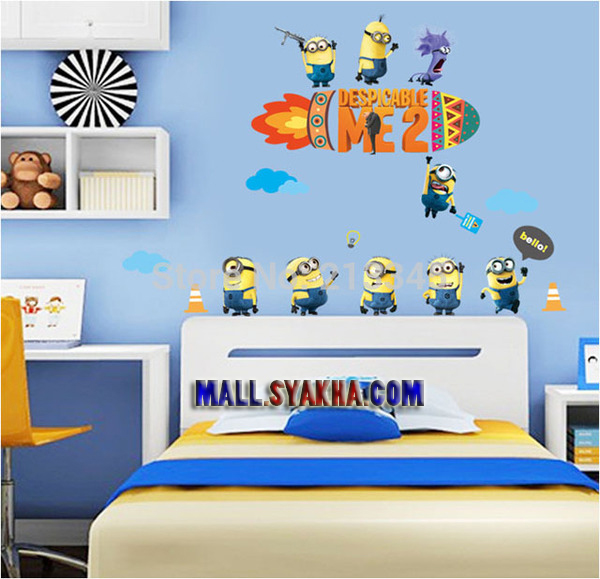 wallpaper dinding minion,wall sticker,yellow,room,wall,cartoon