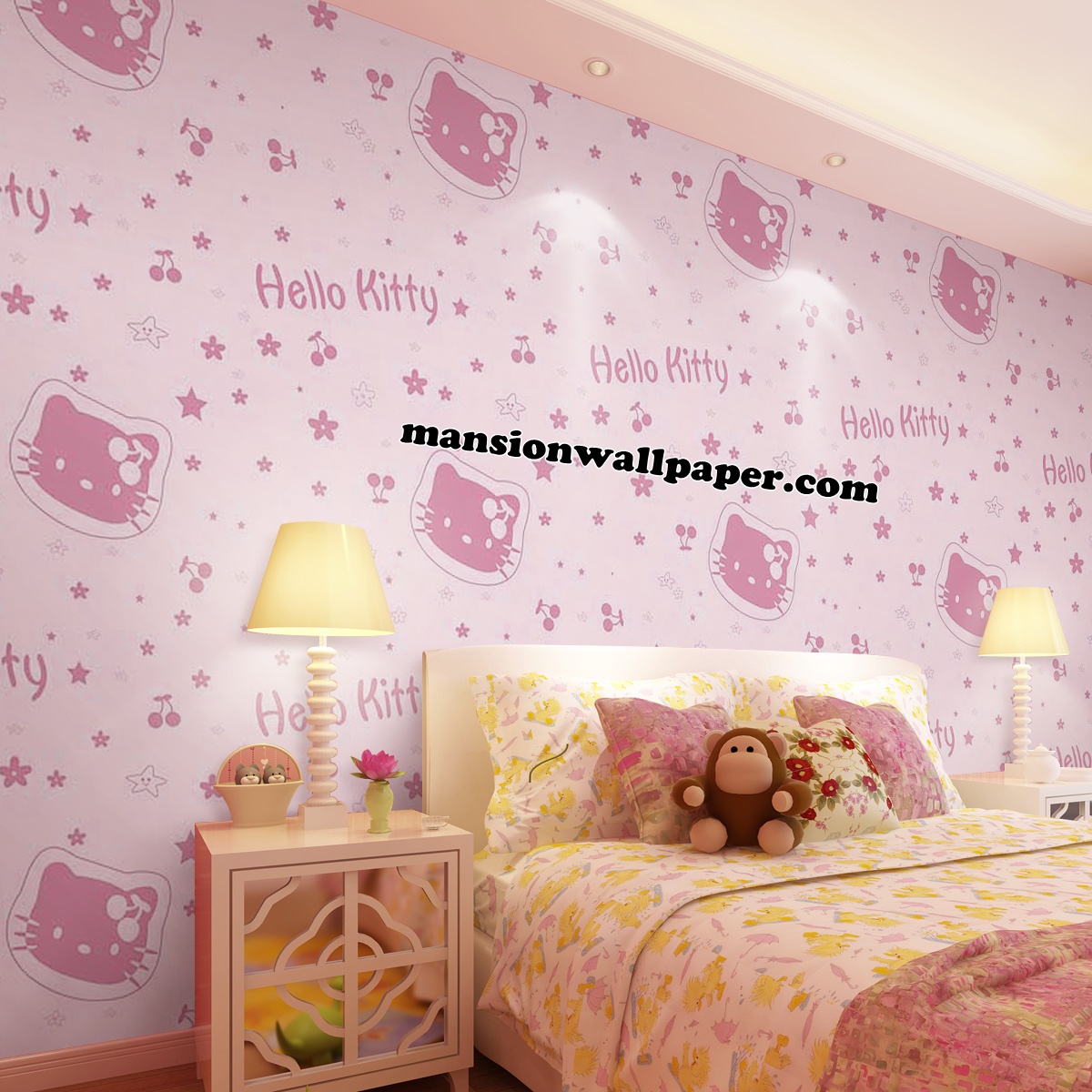 papier peint harga dinding hello kitty par mètre,rose,mur,fond d'écran,produit,chambre