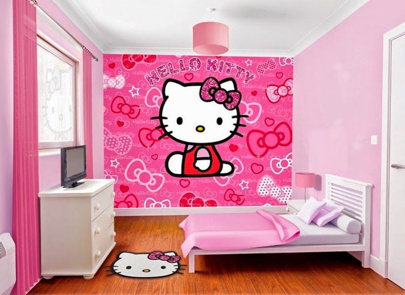 wallpaper kamar hello kitty,pink,cartoon,wall,room,wallpaper