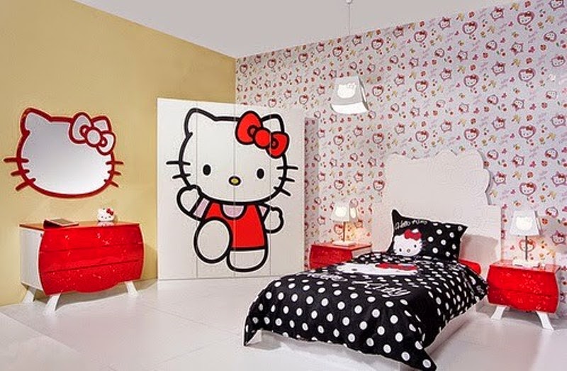 papier peint bonjour kitty untuk kamar,chambre,chambre,meubles,rouge,design d'intérieur