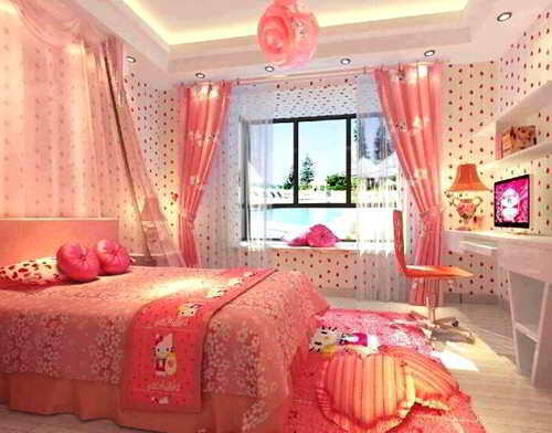 papier peint kamar hello kitty,chambre,rose,chambre,lit,meubles