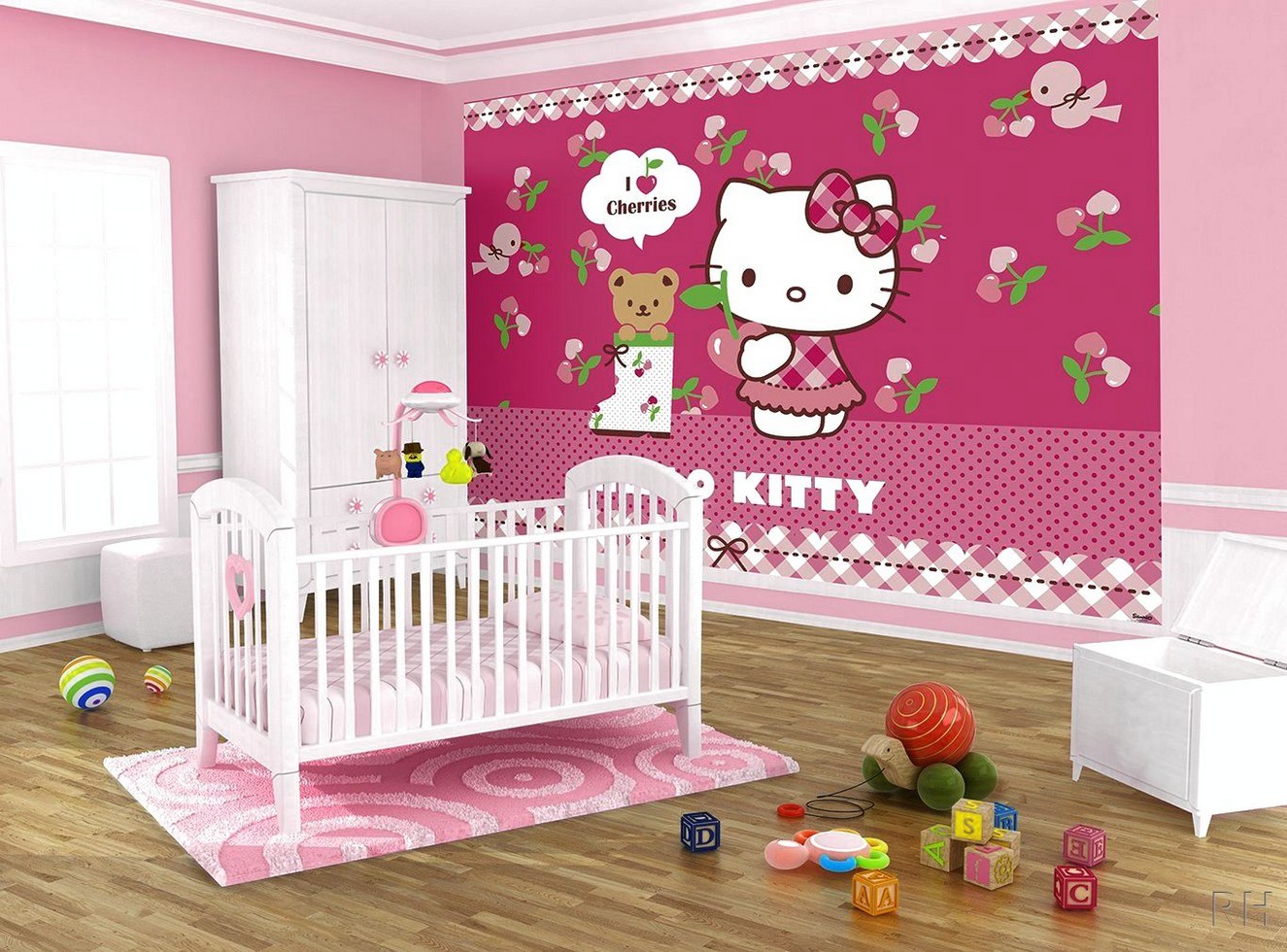 wallpaper hello kitty untuk kamar,product,pink,room,infant bed,wall sticker