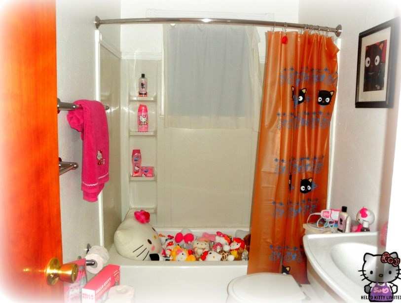 배경 헬로 키티 고양이 카마르,방,커튼,화장실,인테리어 디자인,분홍