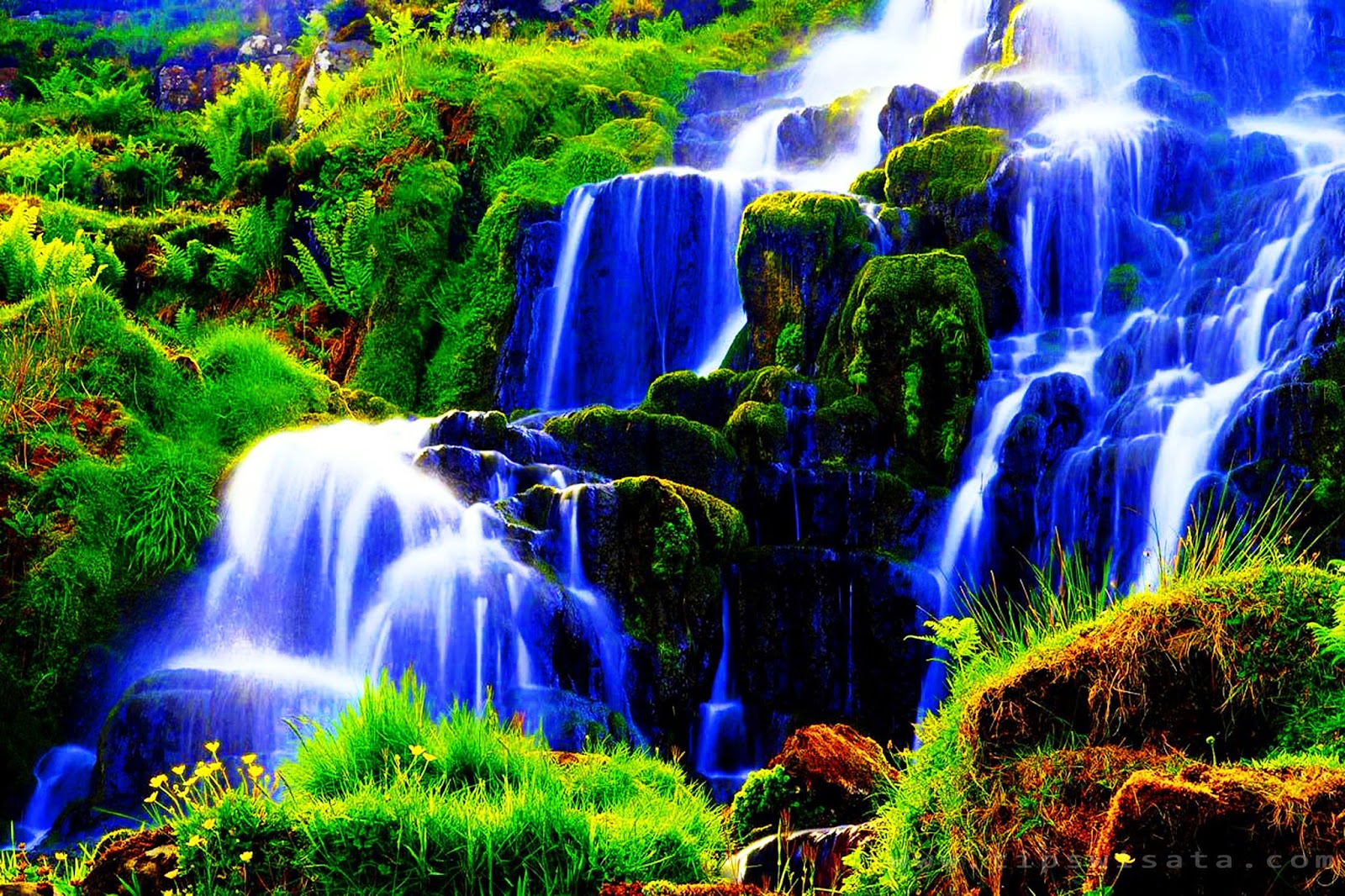 wallpaper pelangi indah,waterfall,natural landscape,water resources,body of water,nature