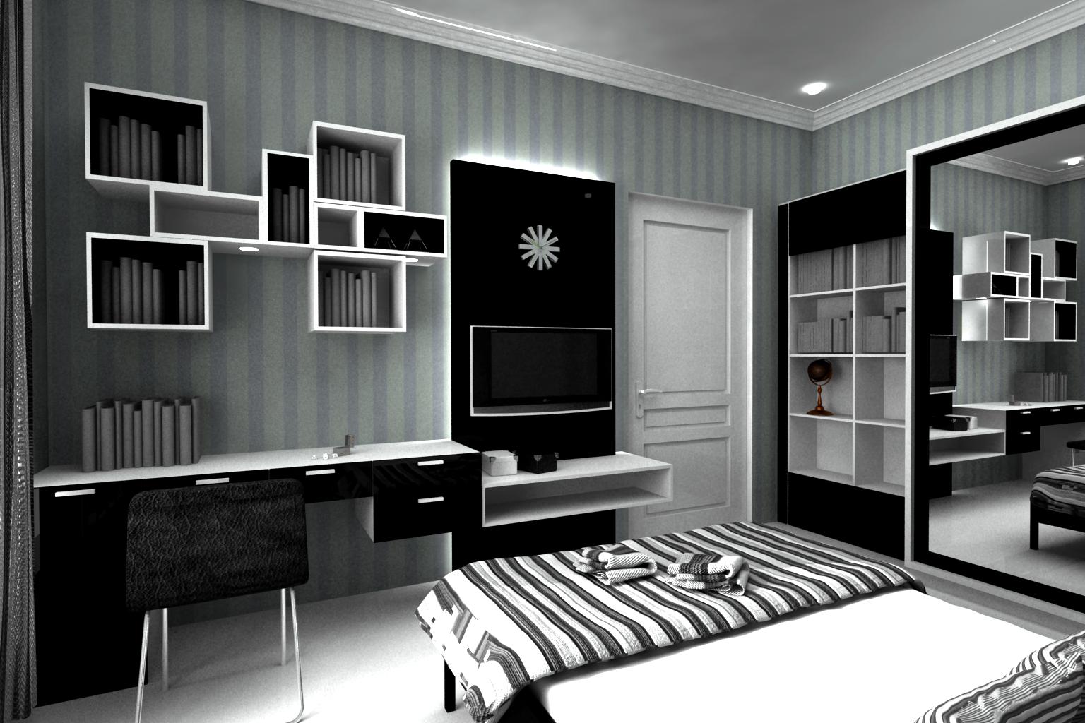 배경 dinding 카마르 hitam putih,가구,방,검정색과 흰색,검정,침실