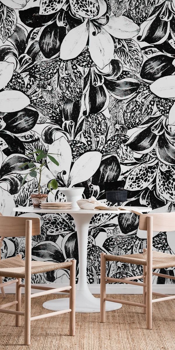 배경 dinding hitam putih,벽지,검정색과 흰색,잎,무늬,인테리어 디자인