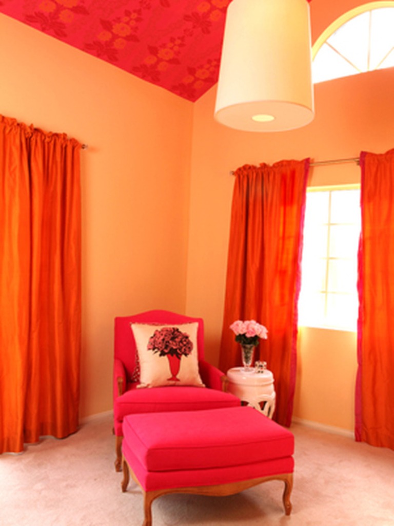 carta da parati nuansa rosa,camera,interior design,mobilia,tenda,arancia