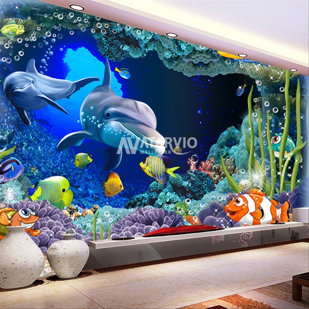 gambar 배경 dinding 3d,수족관,물고기,수중,벽화,수족관 조명