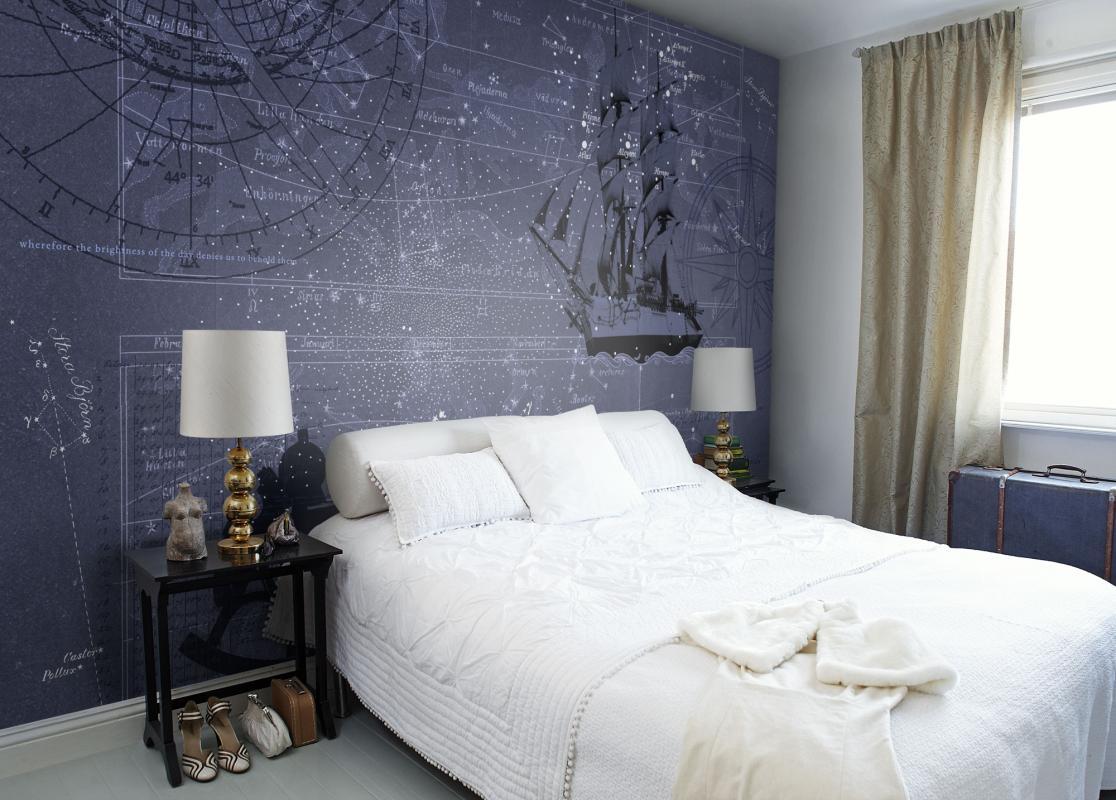 star map wallpaper,bedroom,bed,room,furniture,wall