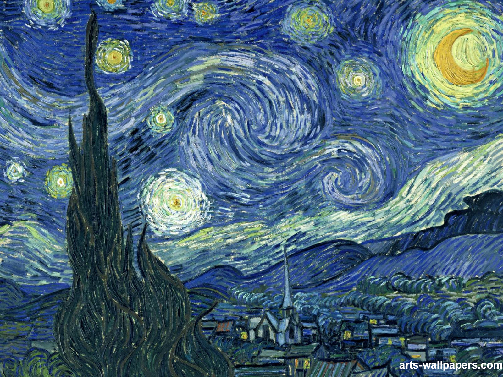 sfondo di notte stellata di van gogh,pittura,arte,albero,acqua,illustrazione