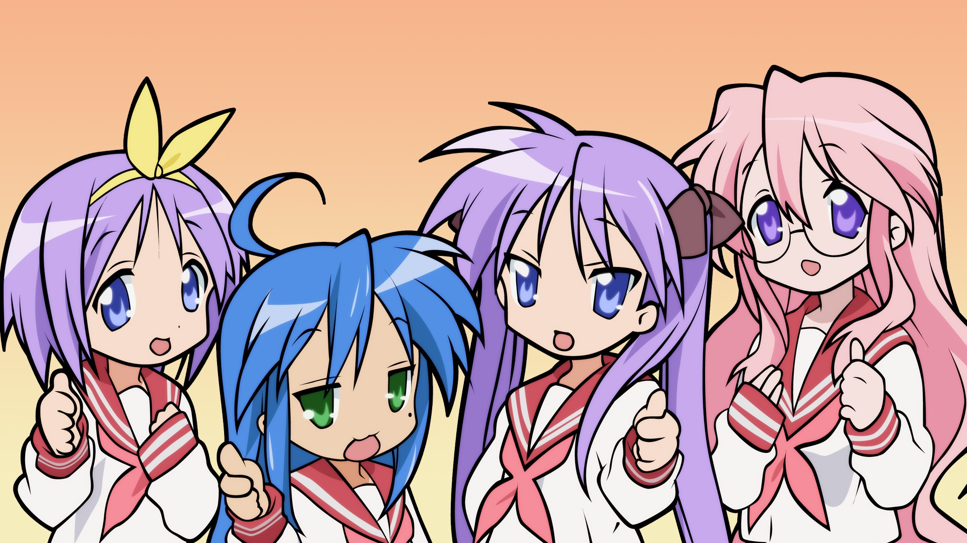 lucky star wallpaper,cartoon,hair,anime,mouth,illustration