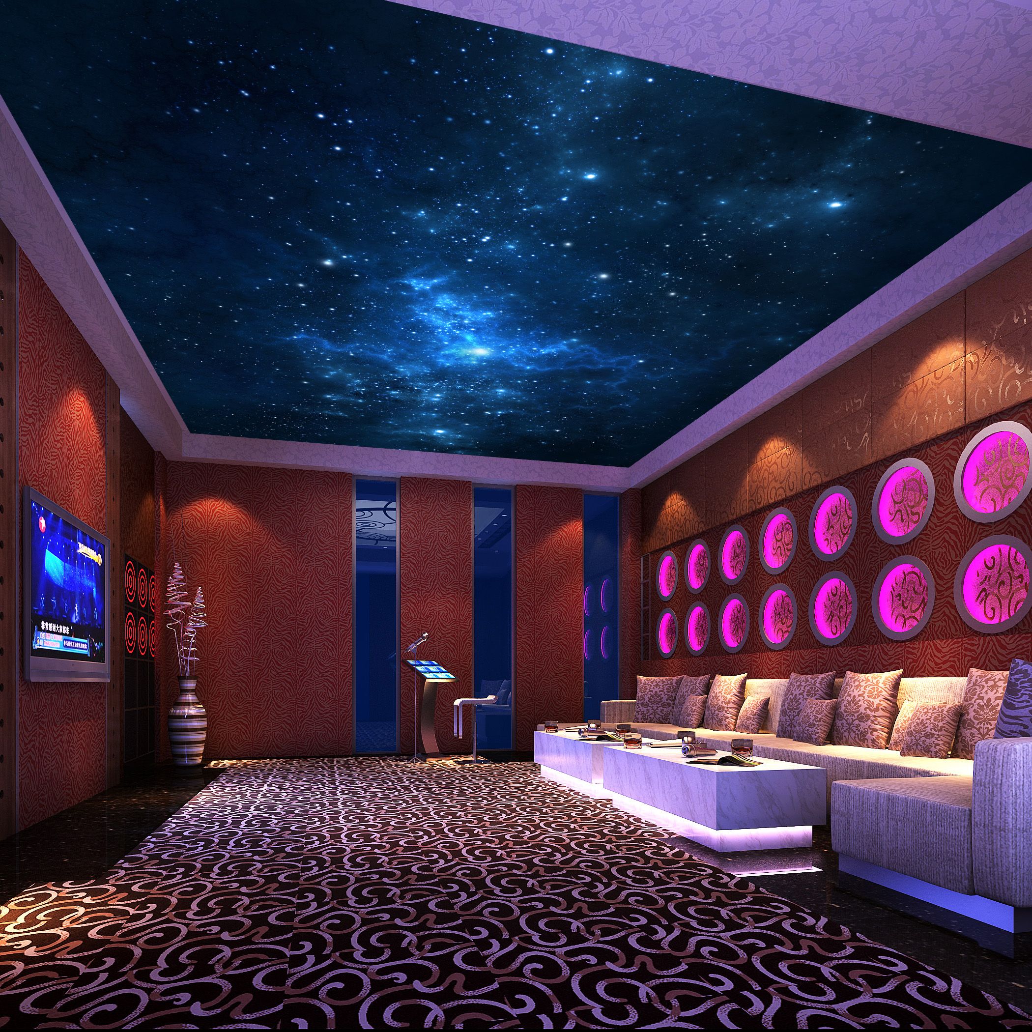 night sky ceiling wallpaper,ceiling,lighting,interior design,room,building