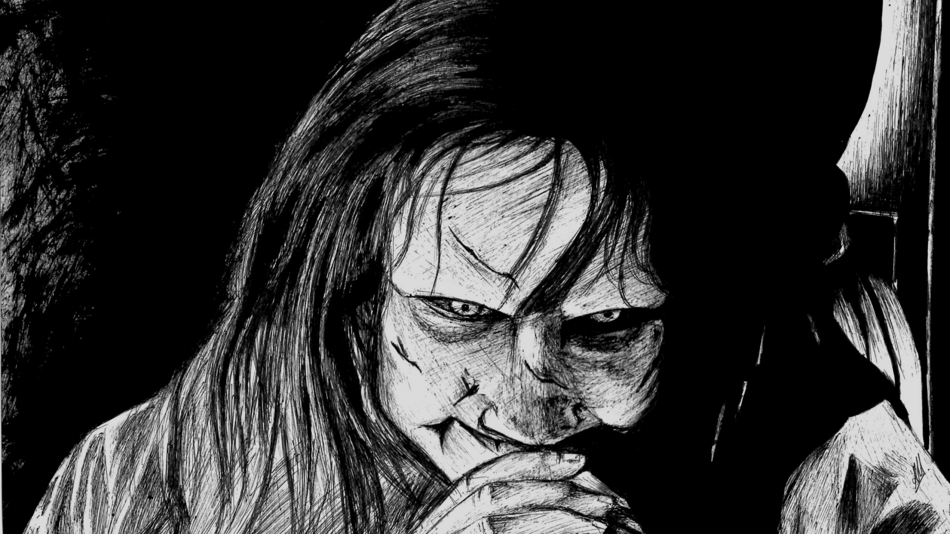 scary desktop wallpaper,face,black and white,human,drawing,mouth