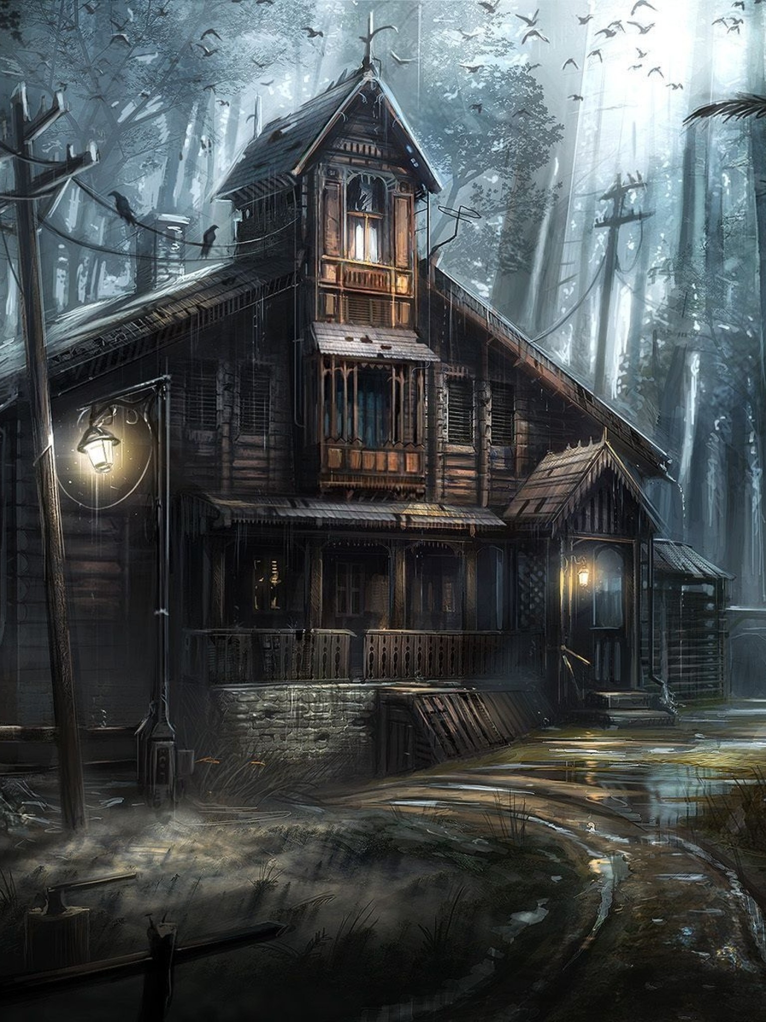 fond d'écran maison d'horreur,maison,bâtiment,illustration,cabane en rondins,atmosphère