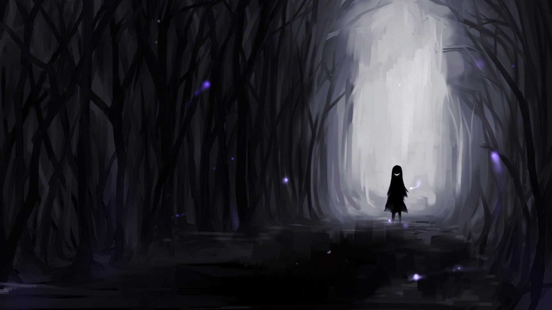 怖いアニメの壁紙,闇,光,雰囲気,木,森林