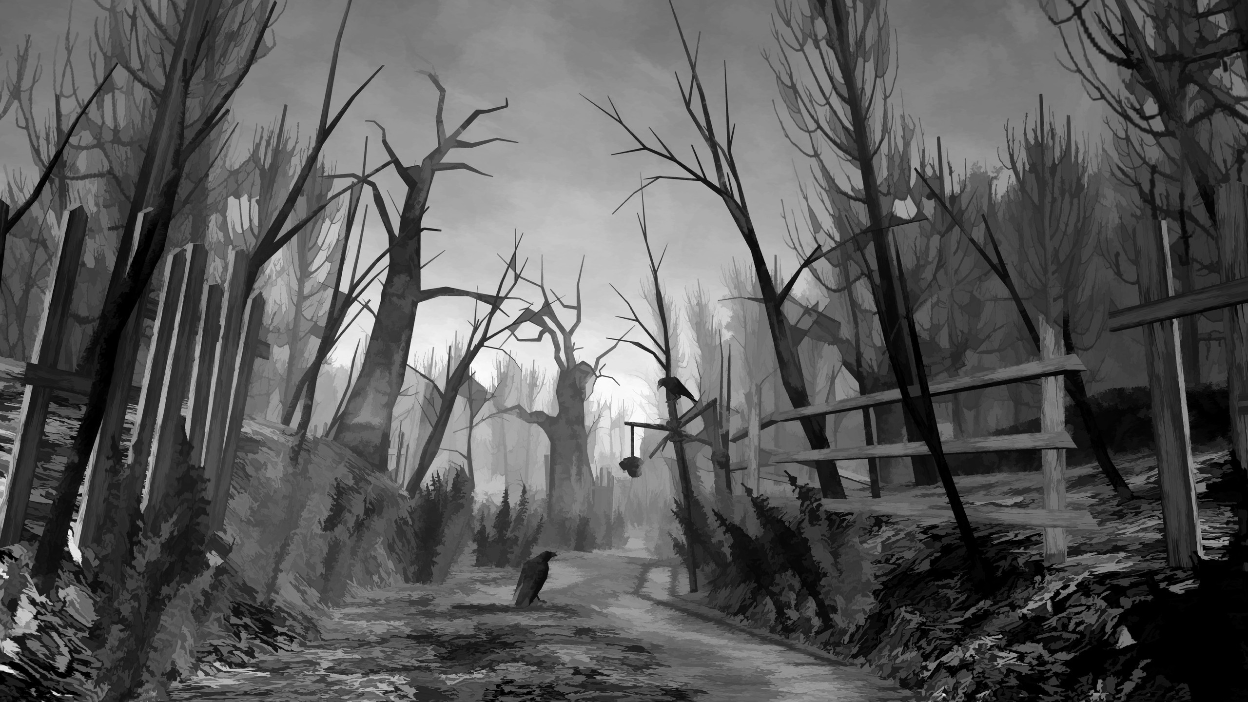 creepy forest wallpaper,nature,black and white,tree,monochrome photography,atmospheric phenomenon