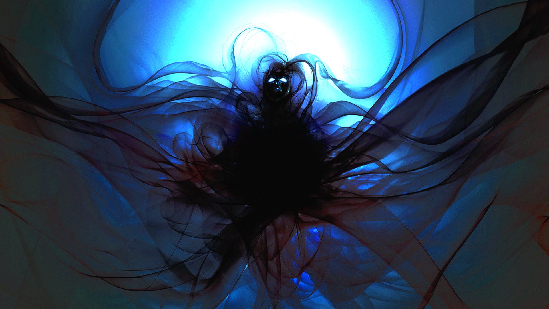 creepy anime wallpaper,blue,fractal art,cg artwork,darkness,graphic design