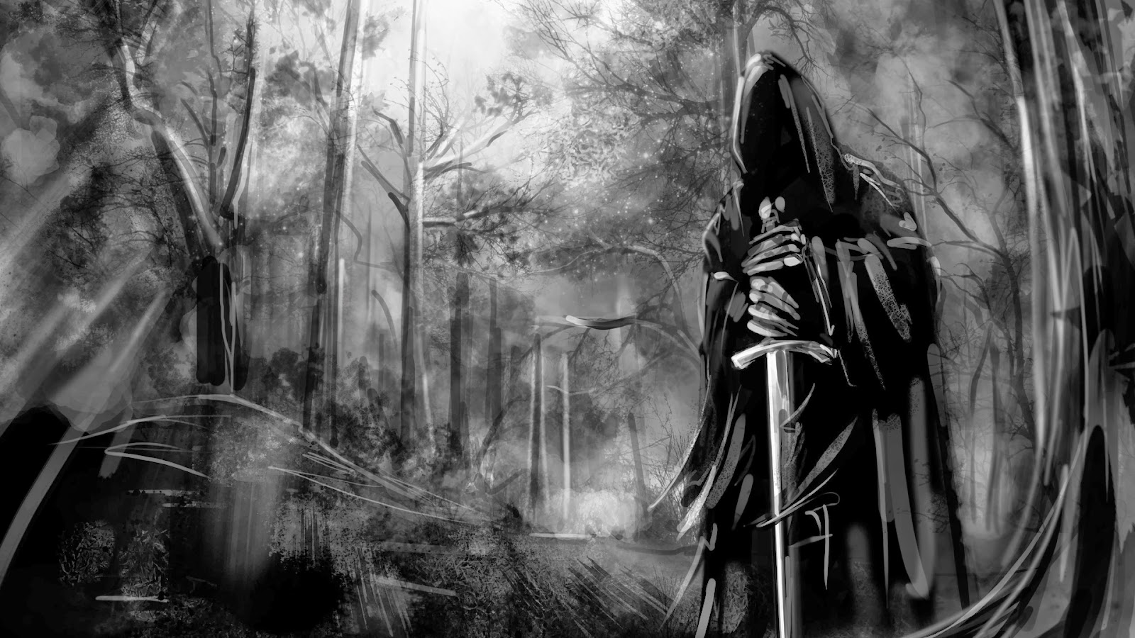 horror picture wallpaper,black and white,forest,photography,fictional character,fiction