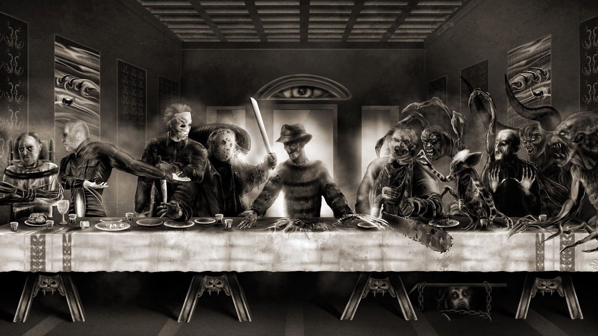 fondo de pantalla de terror 1920x1080,en blanco y negro,fotografía,monocromo,mesa,juegos