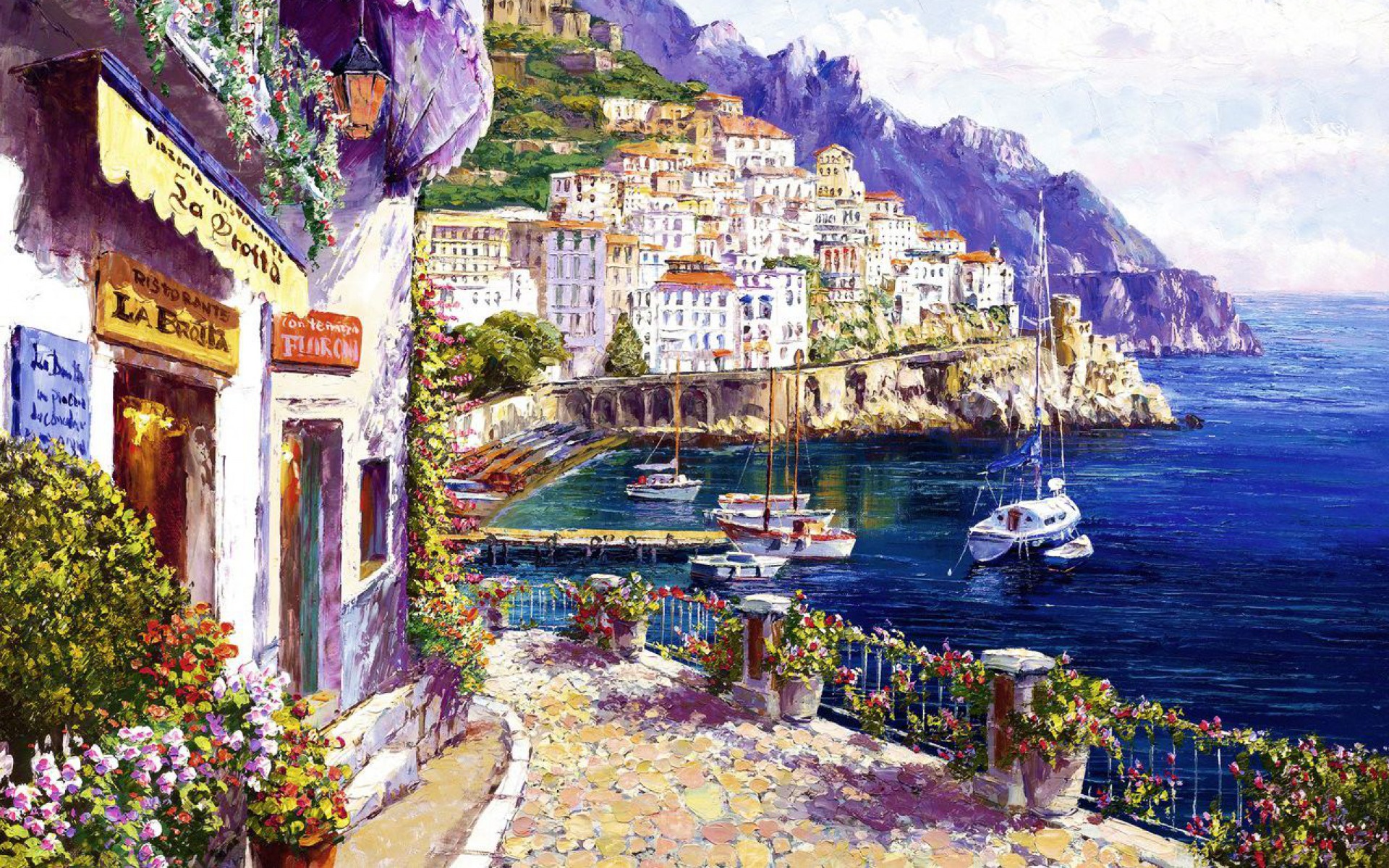 papel pintado italia,pintura de acuarela,acantilado,costa,pintura,pueblo