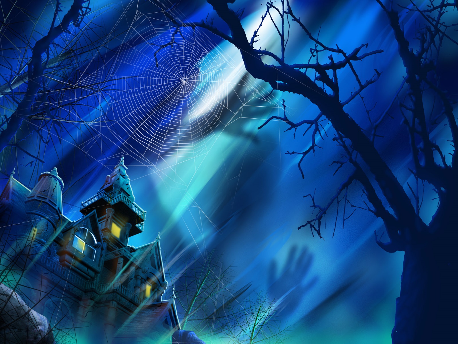 halloween computer wallpaper,blue,cg artwork,sky,electric blue,tree