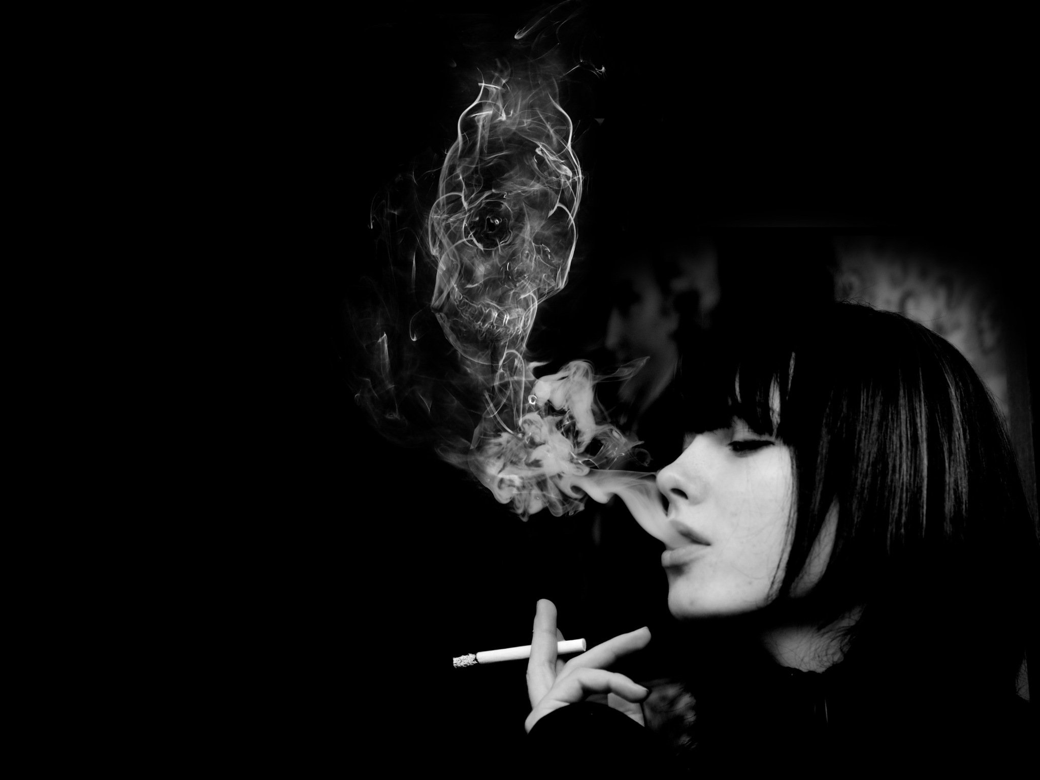 smoking skull wallpaper,black,smoking,photograph,darkness,black and white