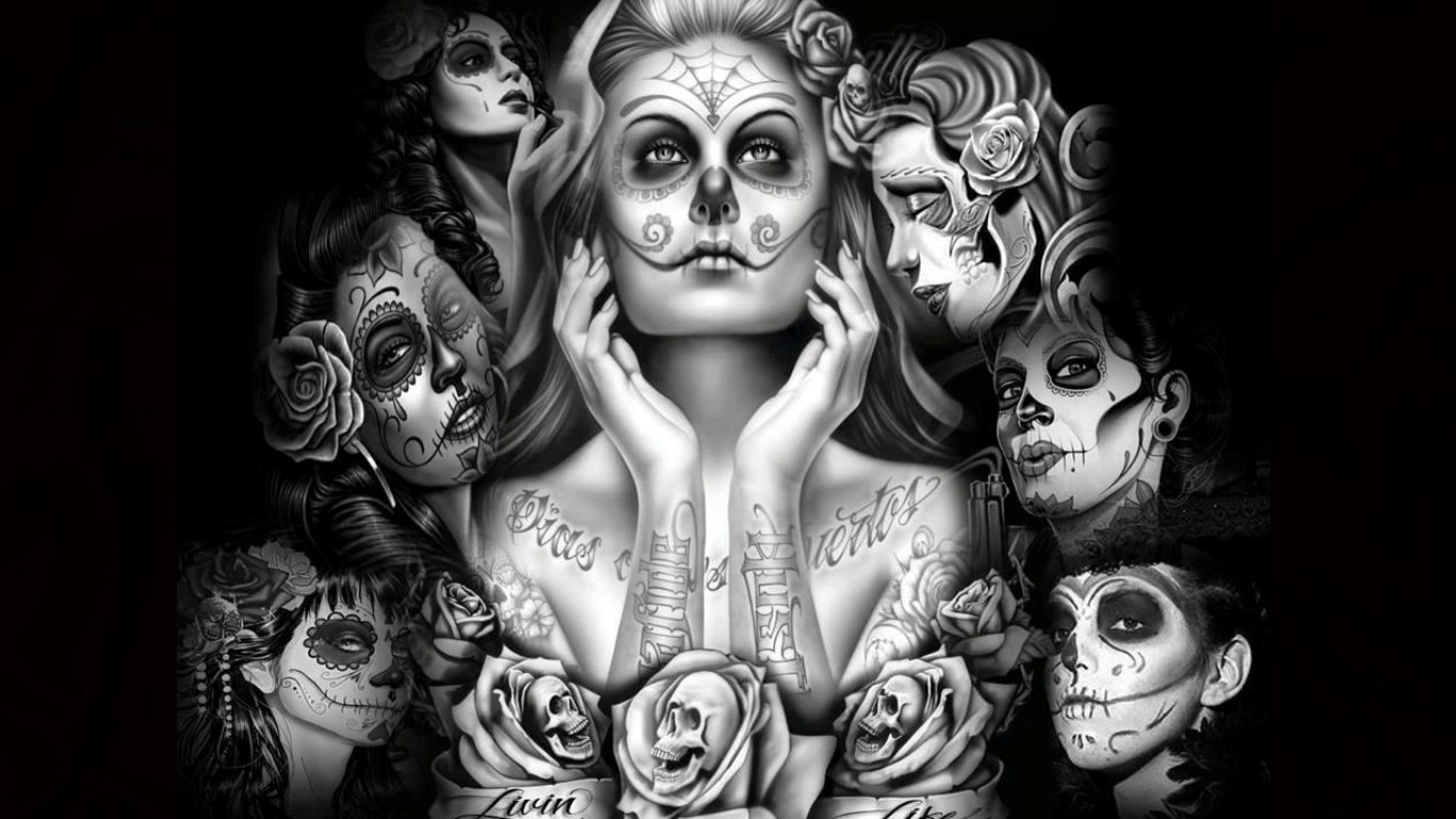 girl skull wallpaper,illustration,tattoo,black and white,art,monochrome