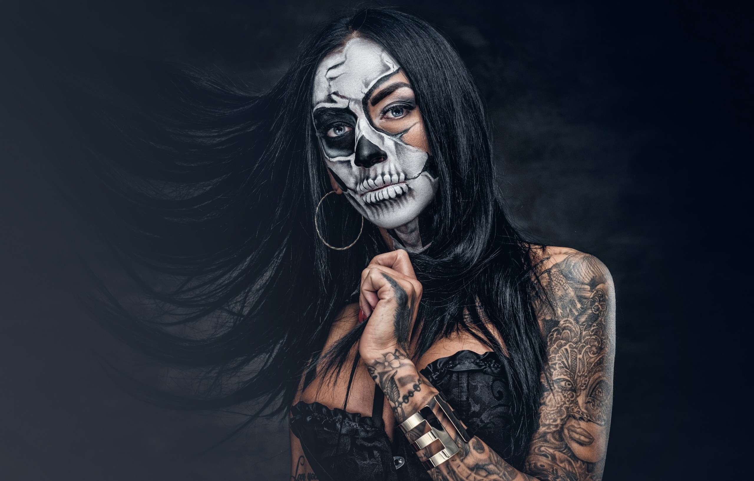 girl skull wallpaper,face,head,eye,hand,tattoo