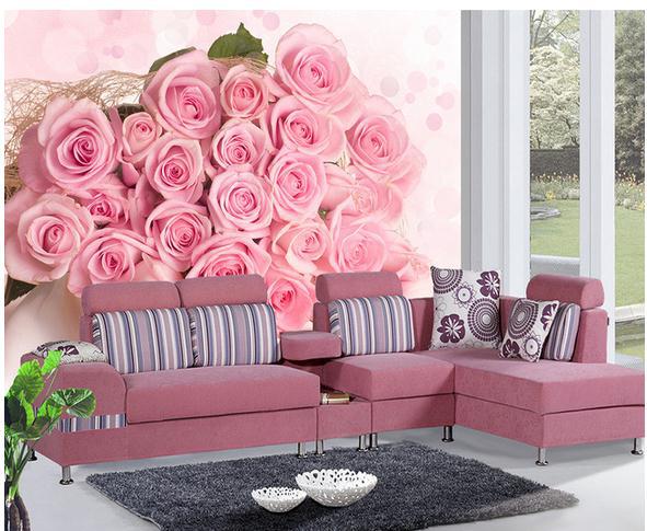 large rose wallpaper,pink,living room,couch,furniture,sofa bed