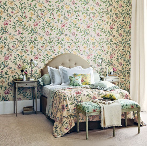 papel tapiz floral dormitorio,mueble,dormitorio,cama,pared,habitación