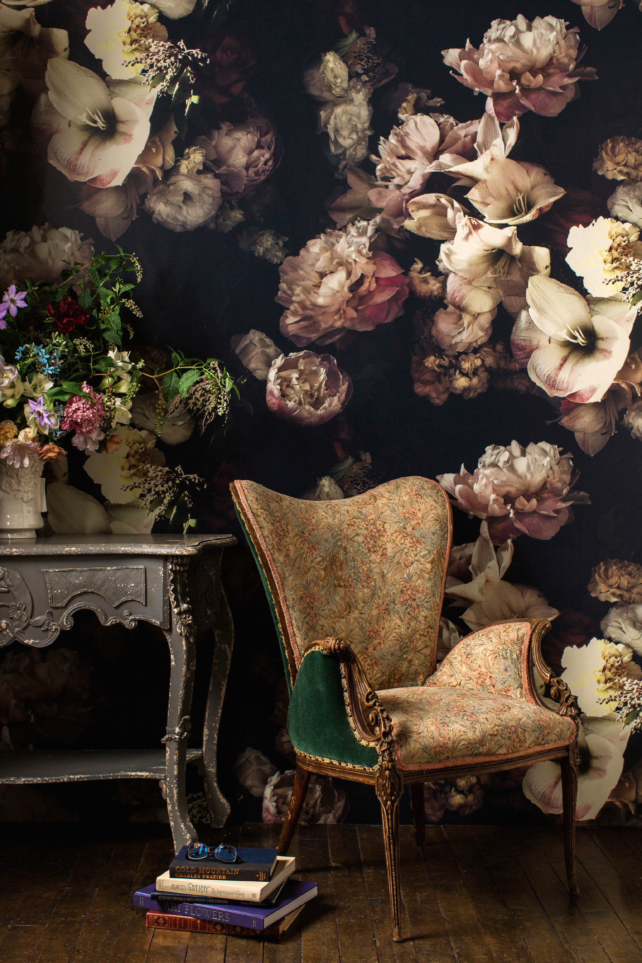 big floral wallpaper,still life,still life photography,room,bouquet,flower