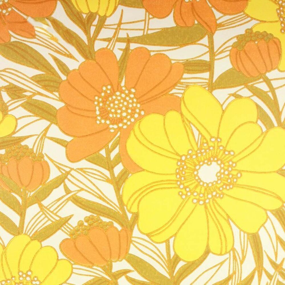 orange floral wallpaper,yellow,flower,floral design,orange,pattern
