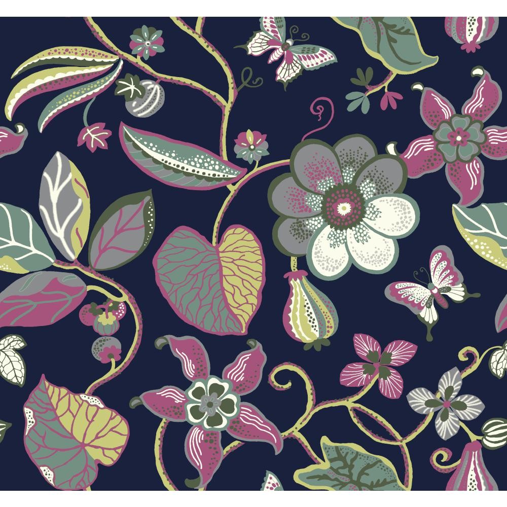 navy floral wallpaper,pattern,green,pink,purple,leaf