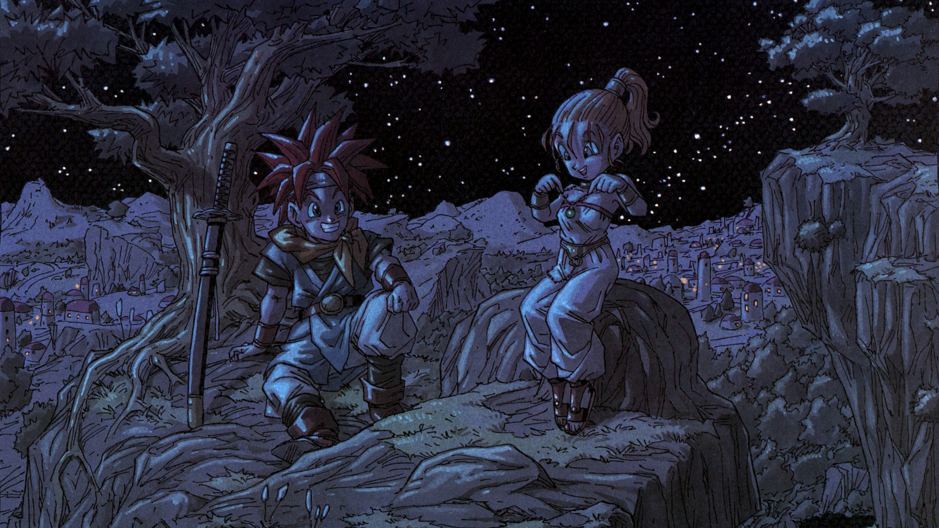 chrono trigger wallpaper,illustration,darkness,art,tree,night