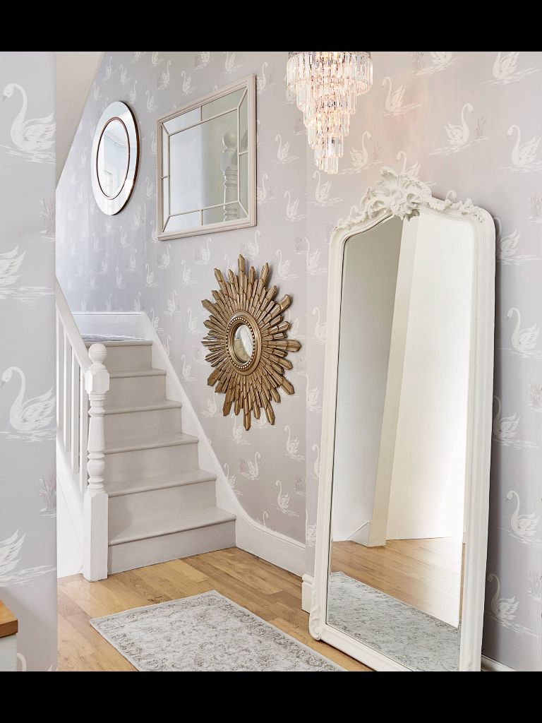 laura ashley swan wallpaper,white,product,wall,stairs,room
