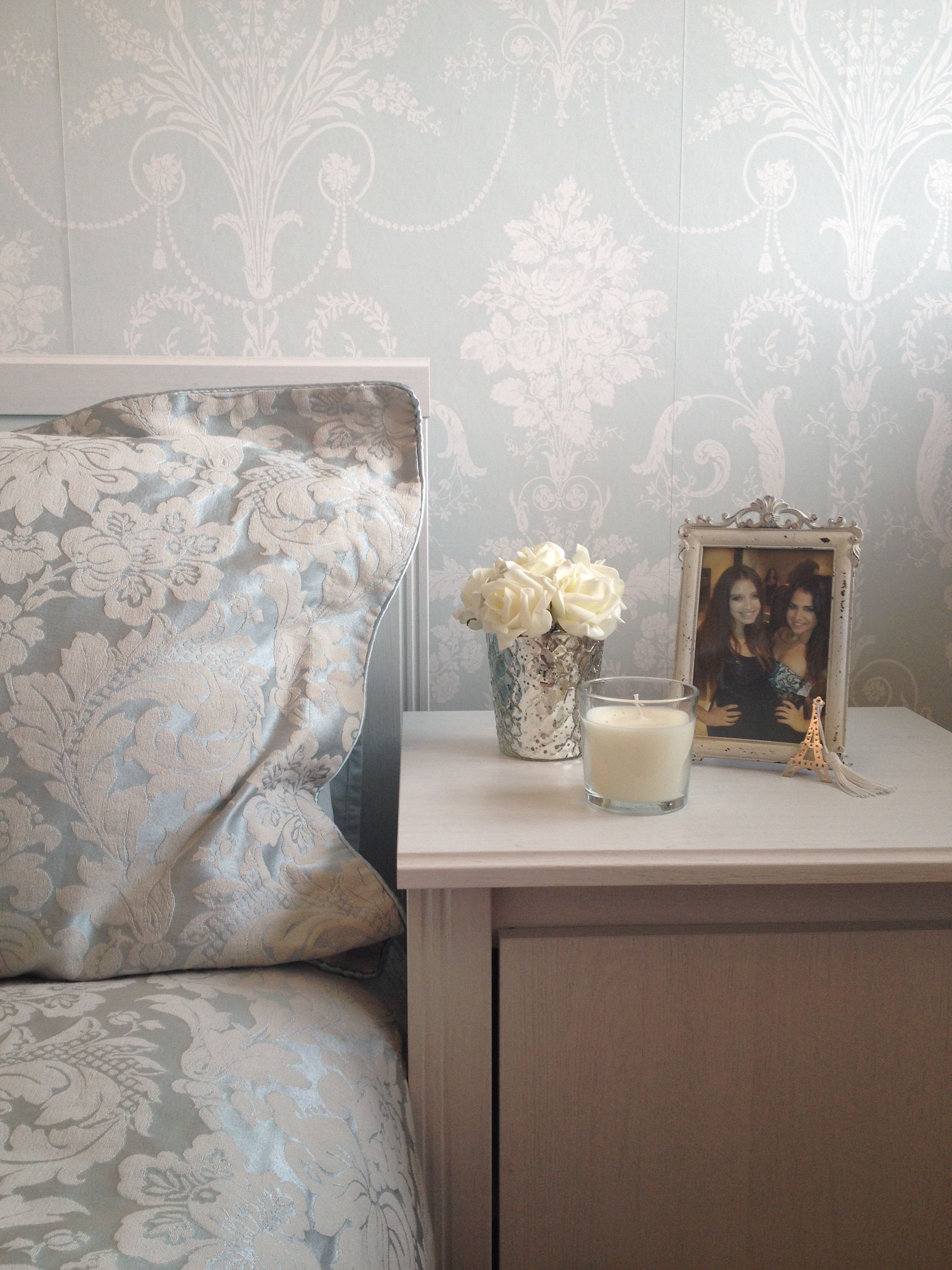 laura ashley duck egg wallpaper,room,furniture,wall,nightstand,interior design