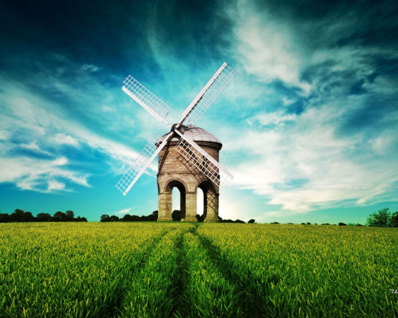 wallpaper 1024,windmill,sky,natural landscape,field,grassland