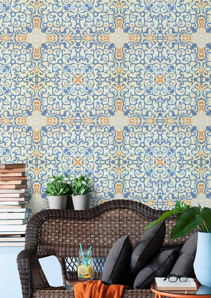 spanish tile wallpaper,wallpaper,wall,living room,blue,room