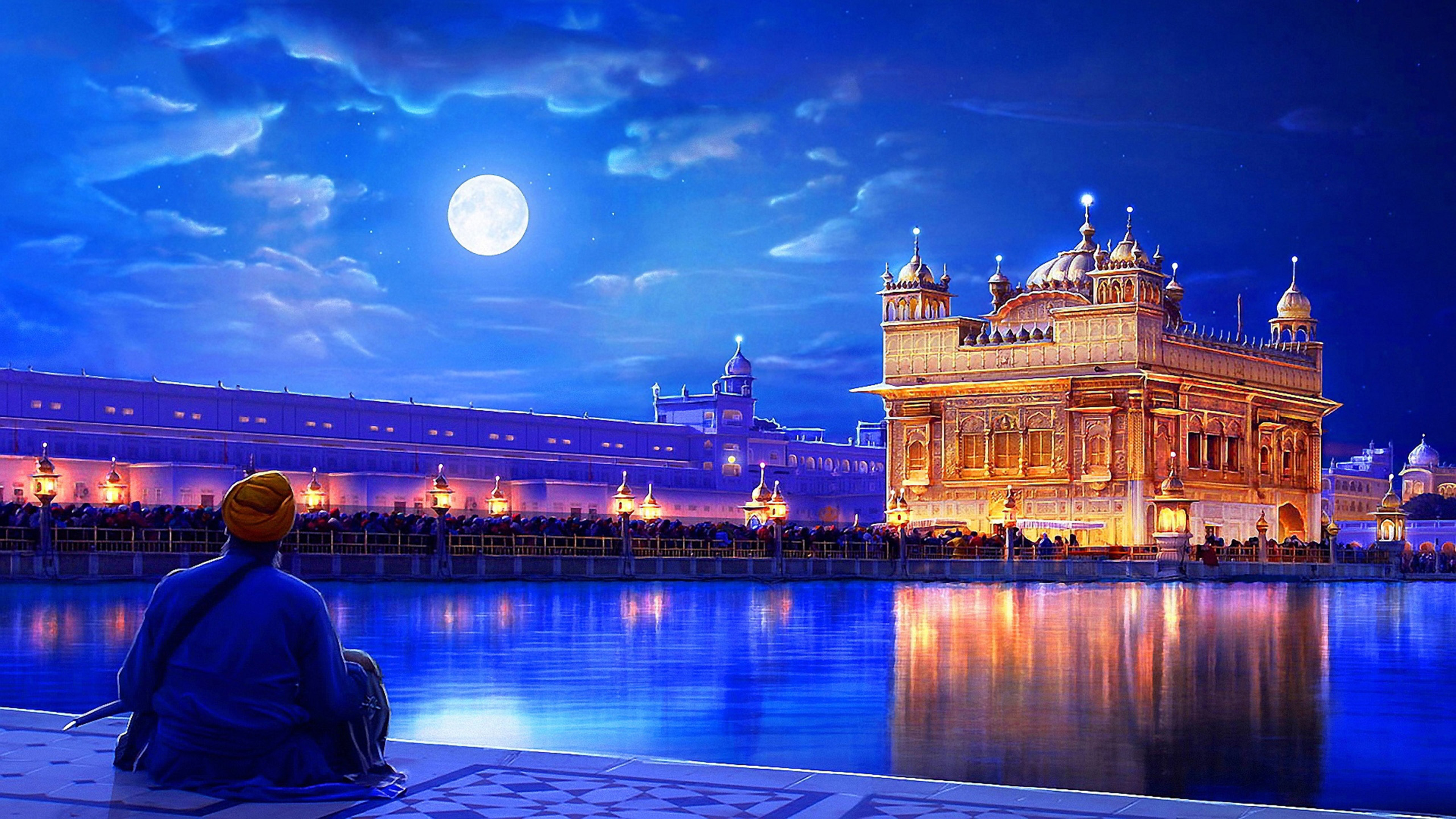 golden temple hd wallpaper,blue,landmark,light,sky,night