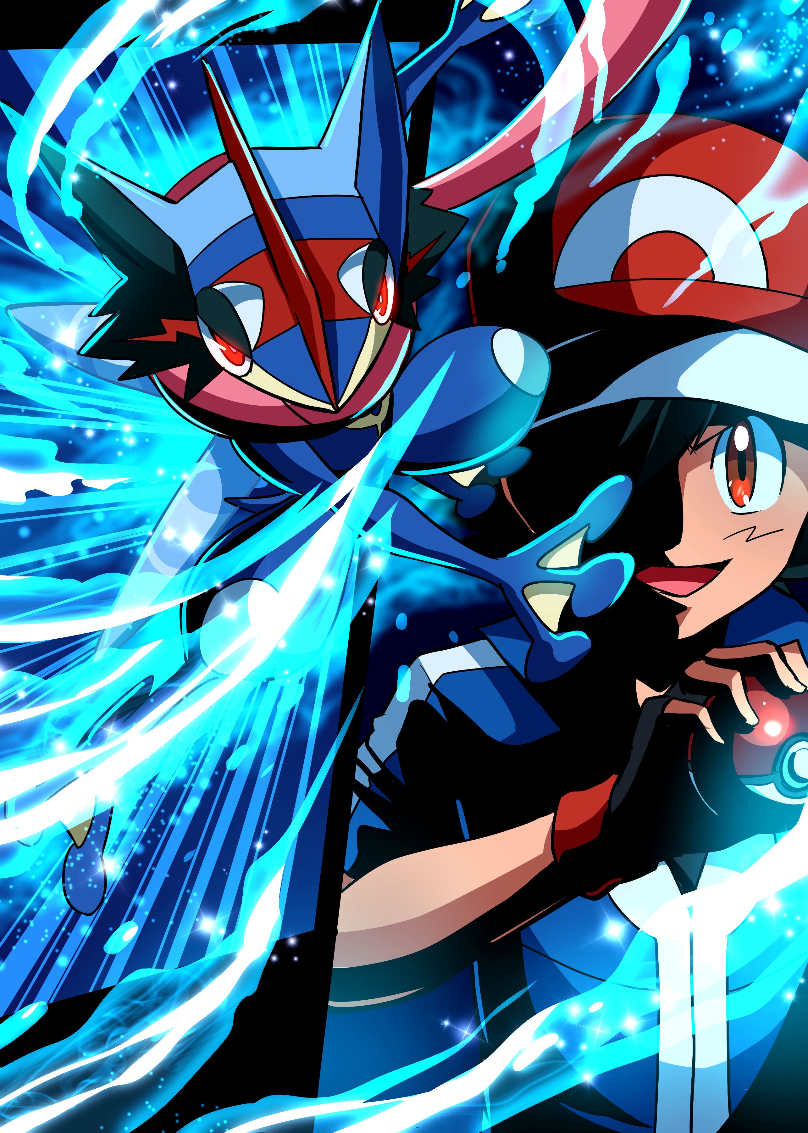 fondo de pantalla de ash greninja,anime,cg artwork,dibujos animados,diseño gráfico,cabello negro