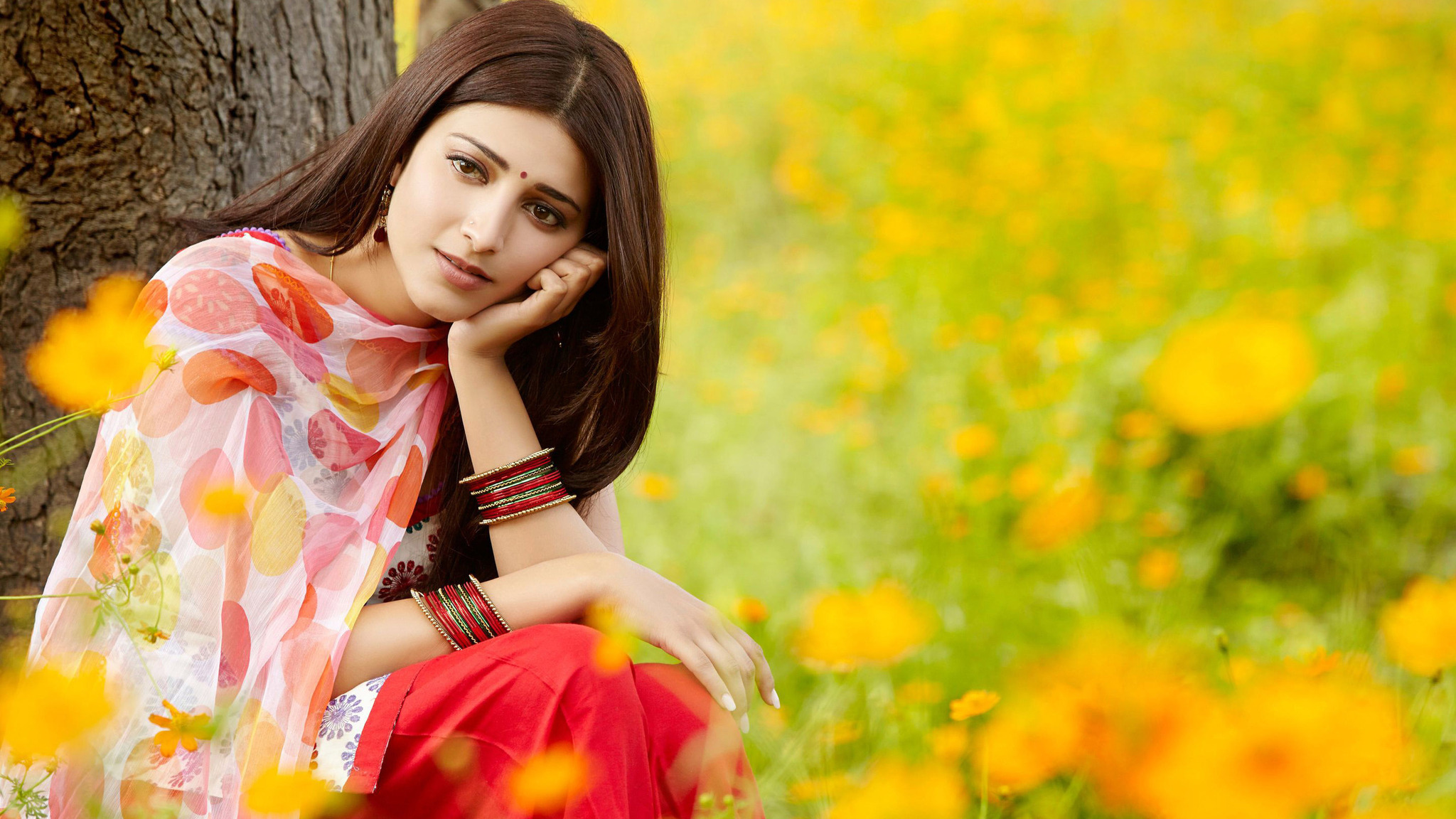 shruti hassan wallpaper,people in nature,nature,yellow,beauty,skin