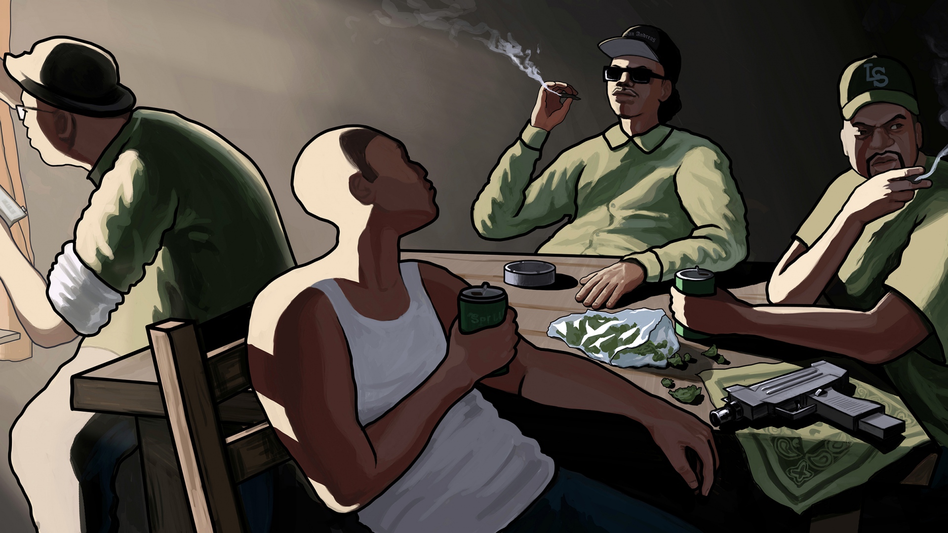 gta sa wallpaper,cartoon,illustration,conversation,art,animation